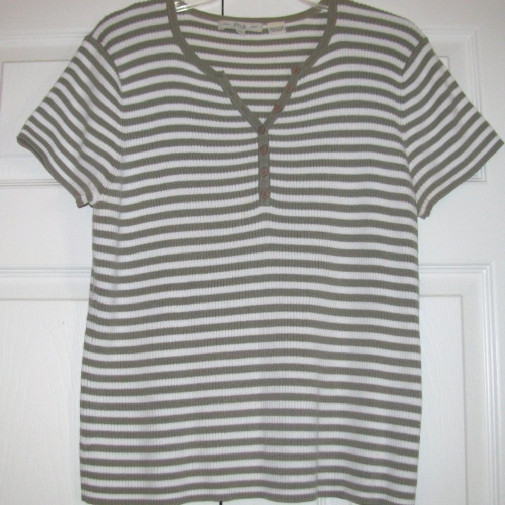Cream & Taupe Cotton Ribbed Knit Top Size XL Pria